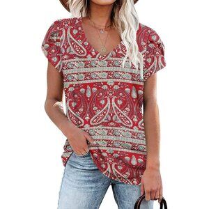 Womens Red T Shirts Petal Sleeve V Neck Casual Tees Summer Basic Tops